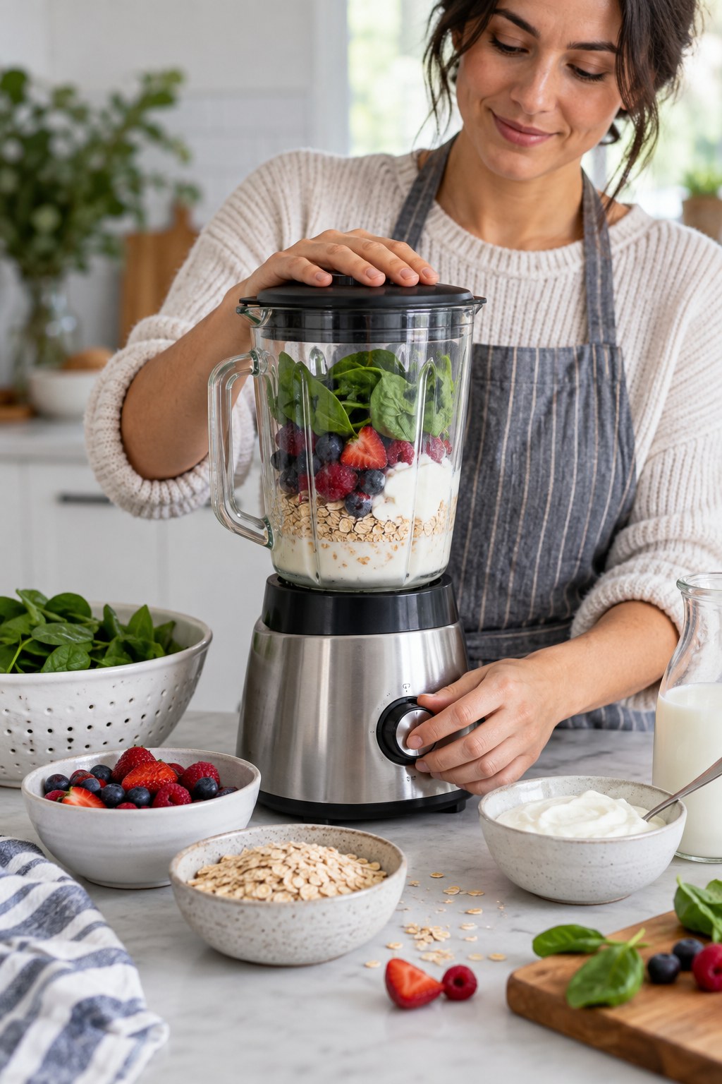 Adult blending berries, spinach, oats, plain yogurt, and milk in a bright home kitchen.