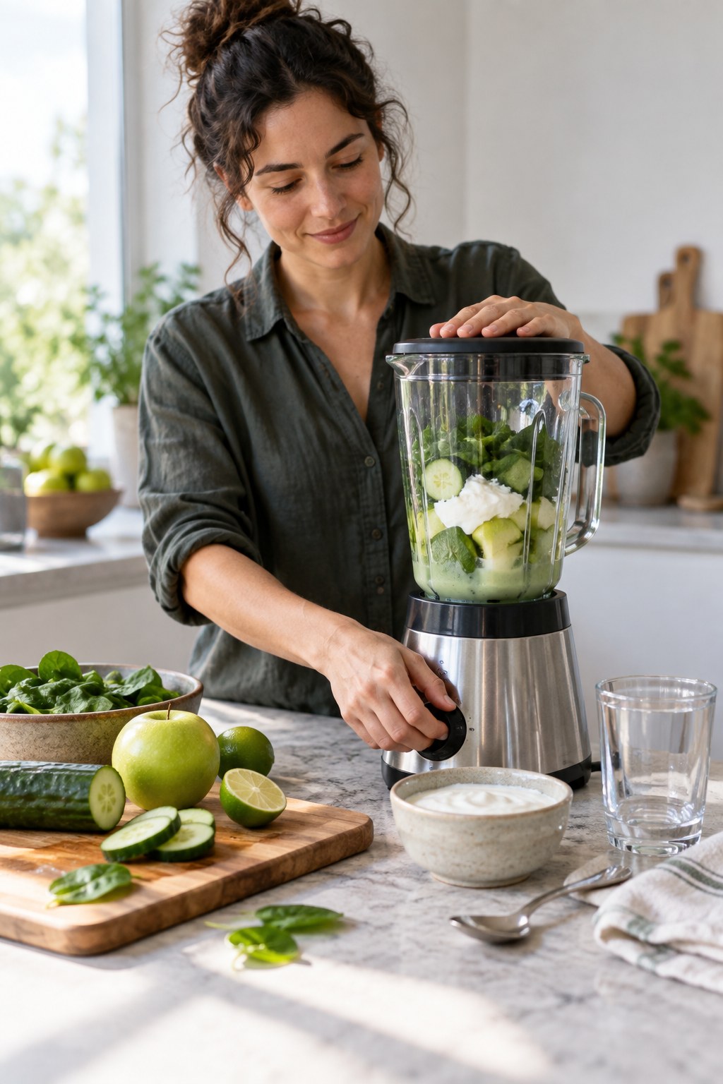 Adult blending cucumber, green apple, spinach, lime, plain yogurt, and water in a bright kitchen.