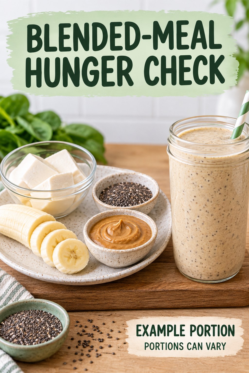Blended-Meal Hunger Check visual using silken tofu, chia seeds, banana, and peanut butter as flexible example portions for Weight Loss Smoothies.