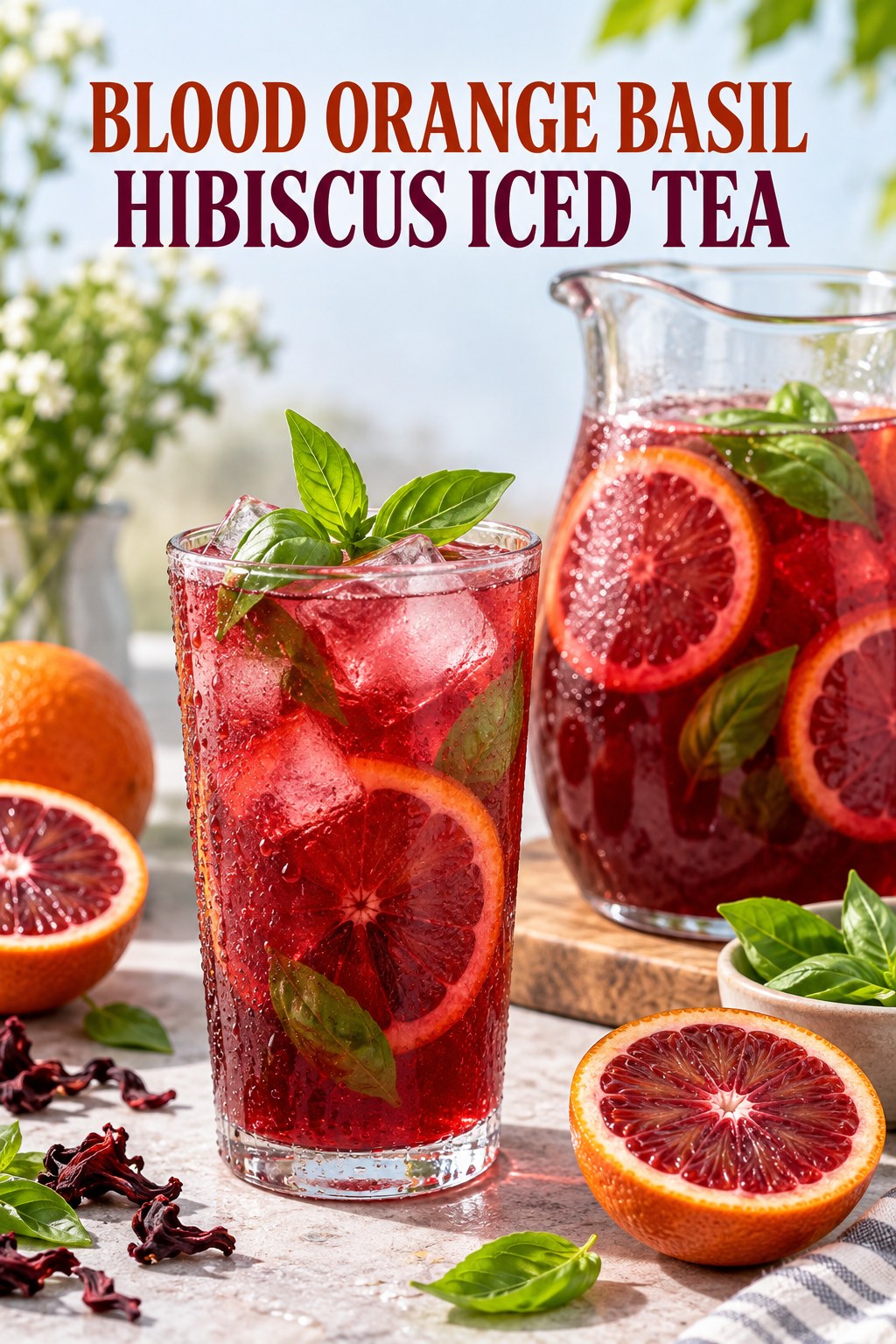 Portrait drink scene with blood orange, fresh basil, ice, and a chilled glass of hibiscus iced tea.