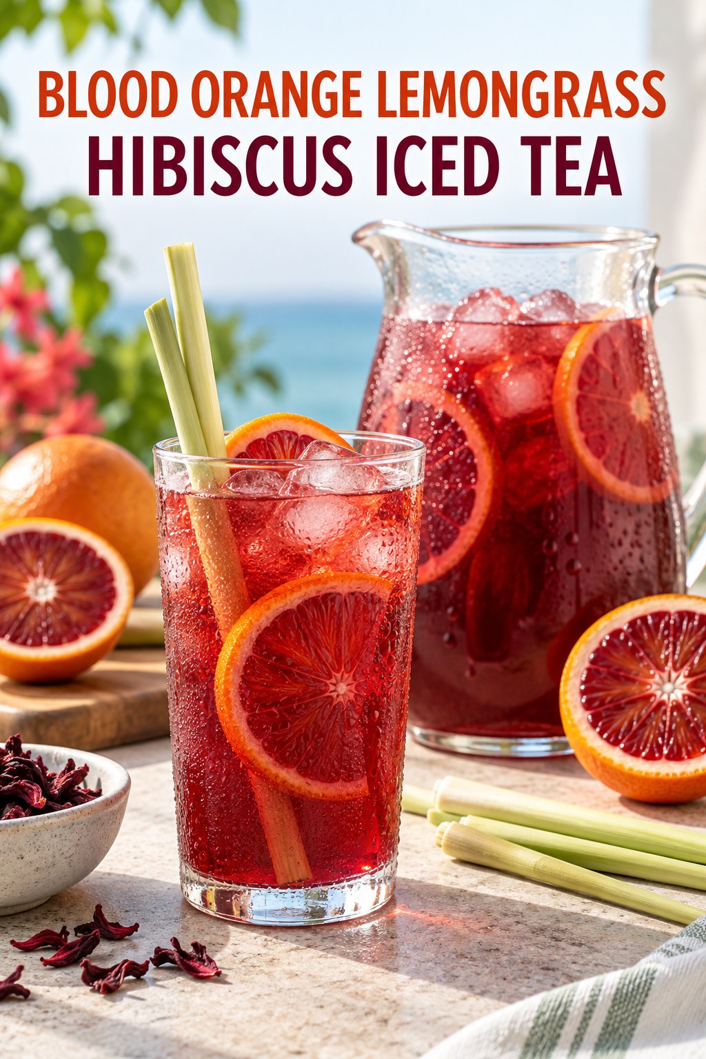 Portrait drink scene with blood orange, fresh lemongrass, ice, and a chilled glass of hibiscus iced tea.