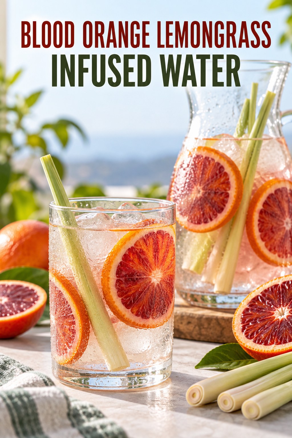 Portrait drink scene with blood orange, fresh lemongrass, ice, and a chilled glass of infused water.