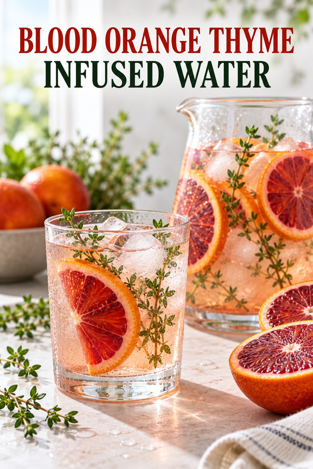 Portrait drink scene with blood orange, fresh thyme, ice, and a chilled glass of infused water.