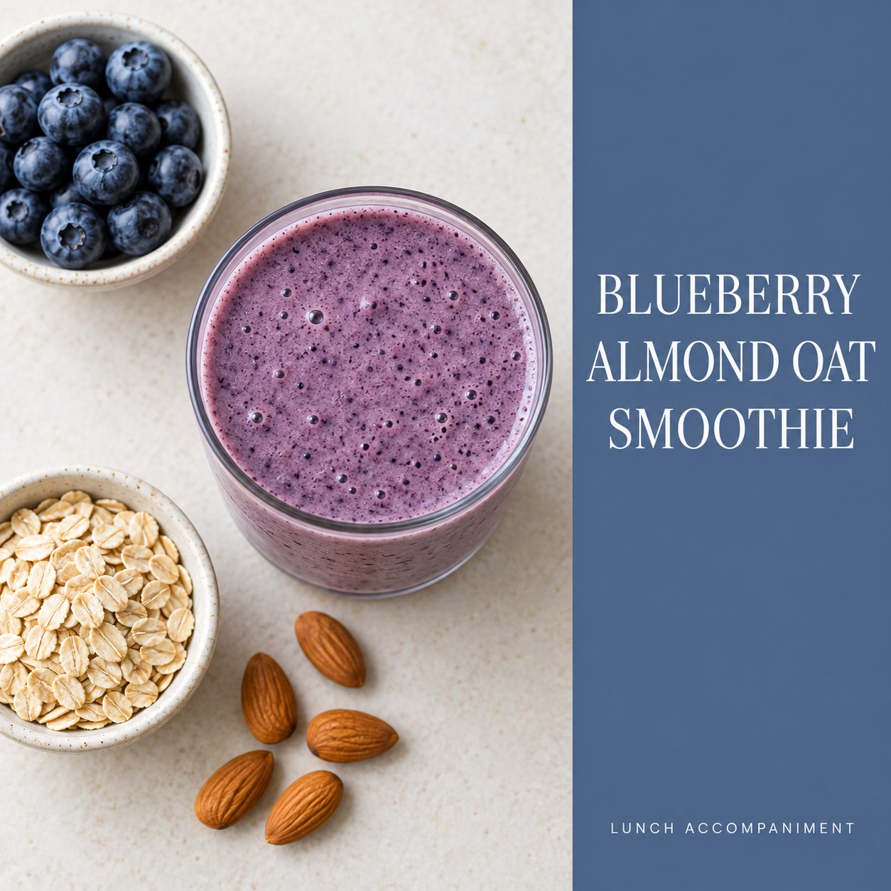 Purple blueberry almond oat smoothie beside blueberries, rolled oats, and almonds on a cream table with a blue recipe title panel.