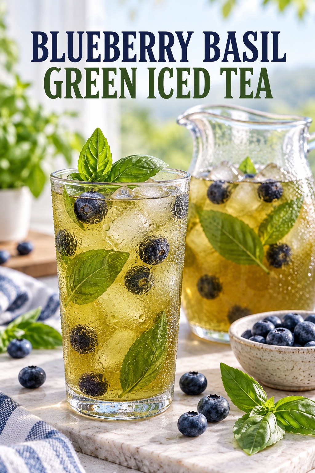 Portrait drink scene with blueberry, fresh basil, ice, and a chilled glass of green iced tea.