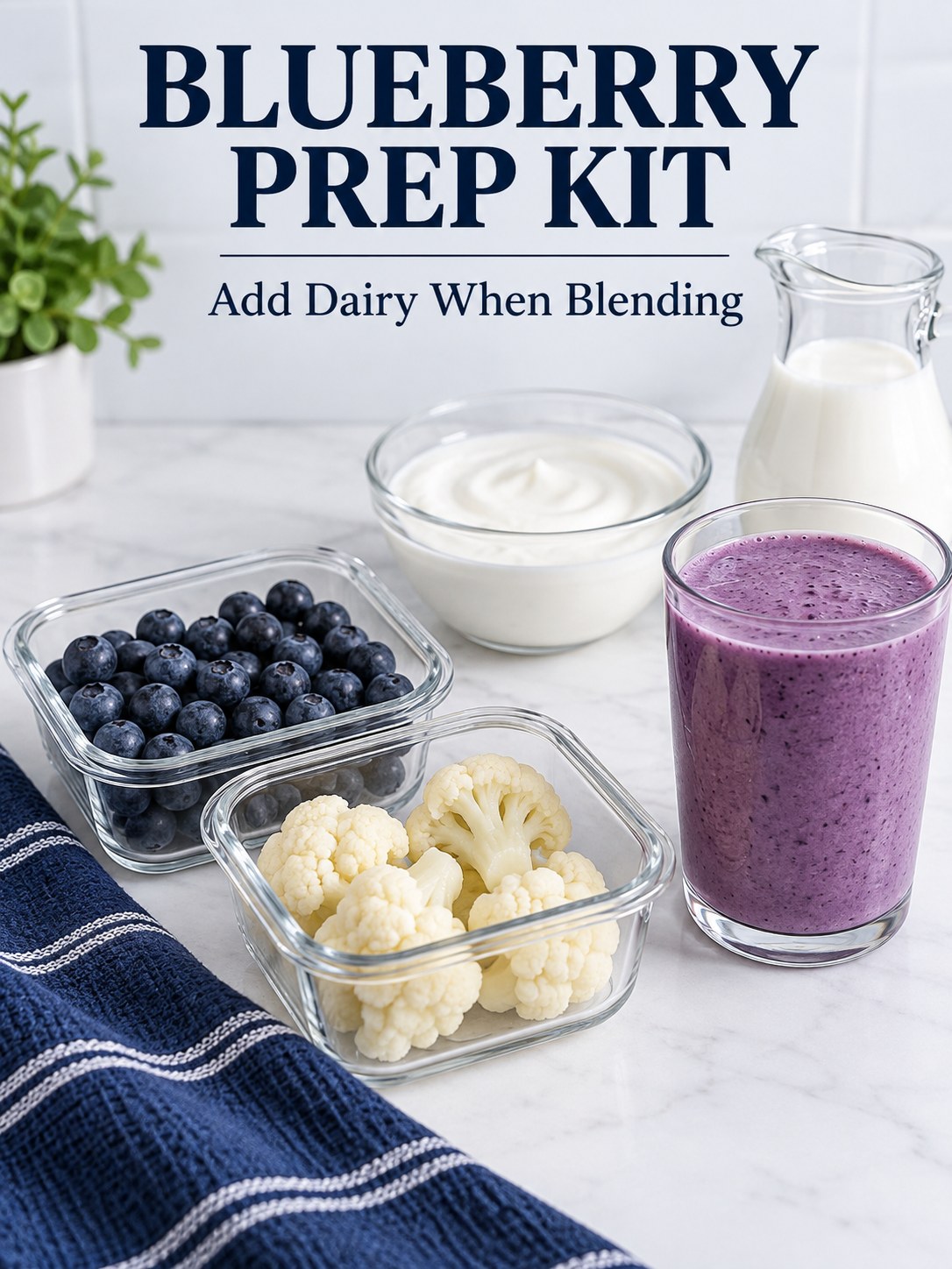 Blueberries and cooked cauliflower in two prep containers beside a purple smoothie, with Blueberry Prep Kit and Add Dairy When Blending text.