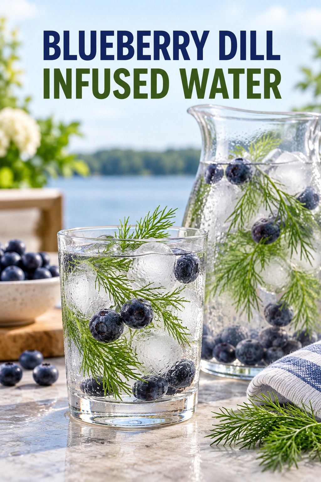 Portrait drink scene with blueberry, fresh dill, ice, and a chilled glass of infused water.