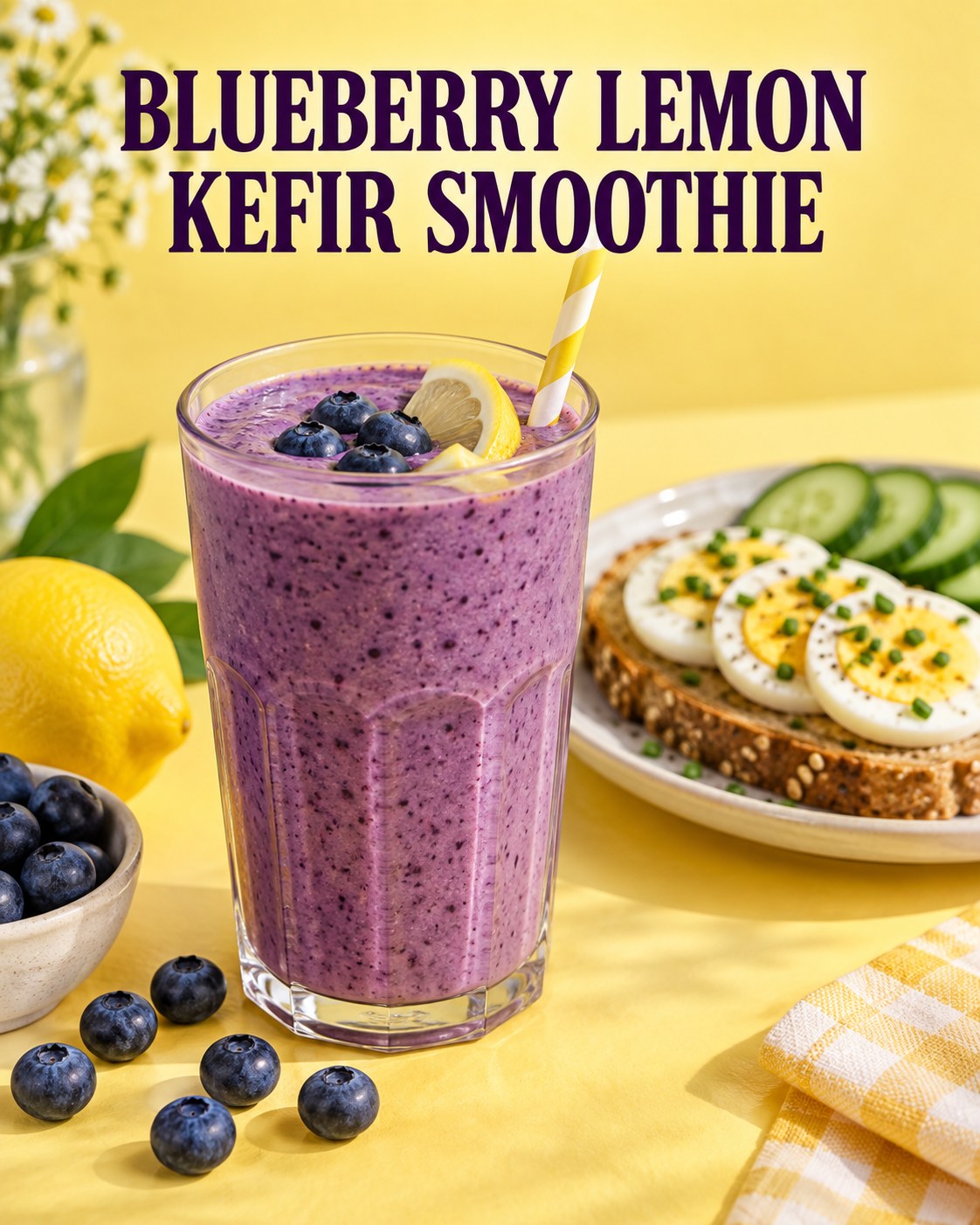 Purple blueberry lemon kefir smoothie with blueberries and lemon beside a separate egg toast lunch on a yellow table.