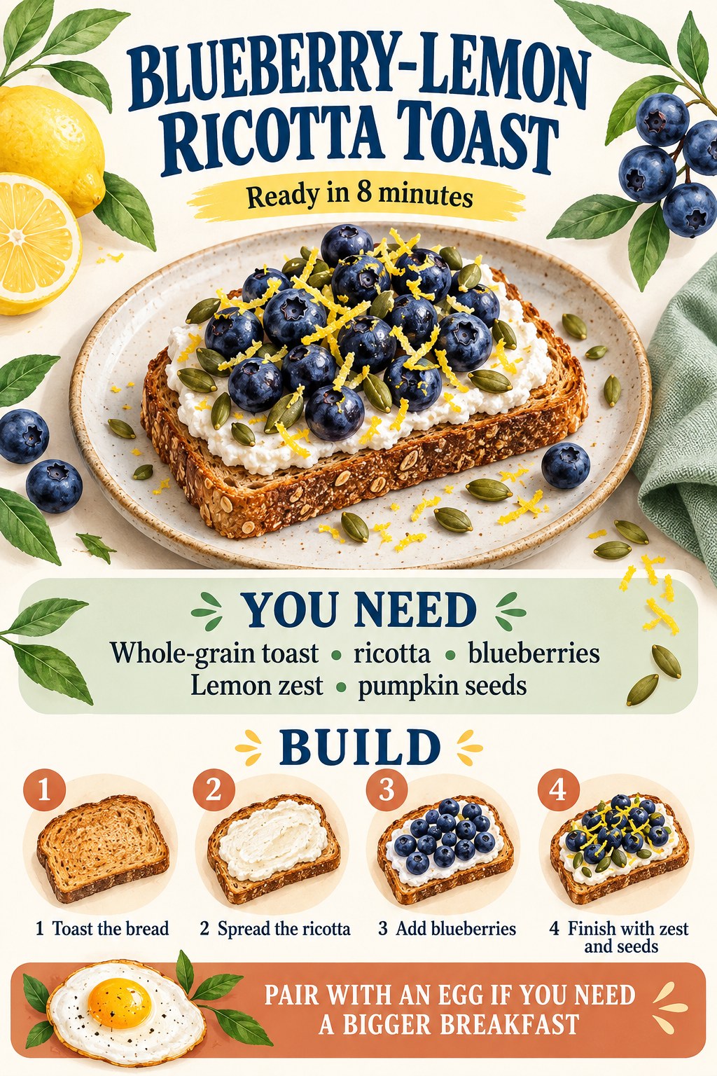 Blueberry-lemon ricotta toast breakfast recipe infographic
