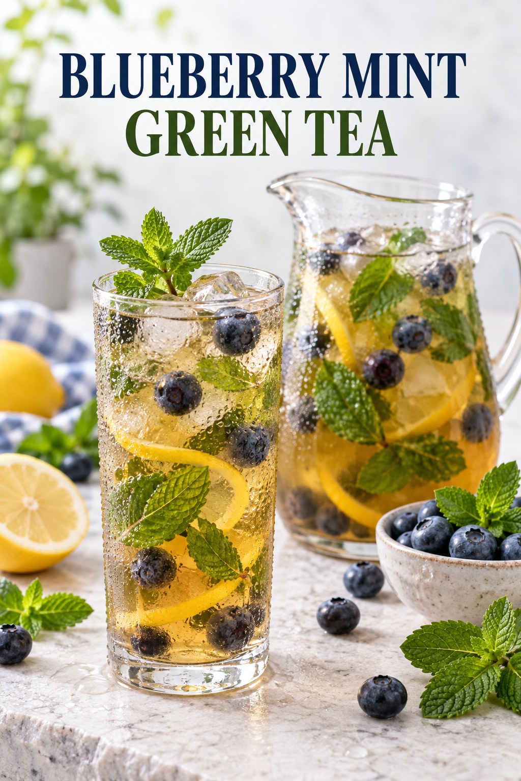 Tall glass and pitcher of chilled green tea with blueberries, mint leaves, lemon peel, ice, and condensation.