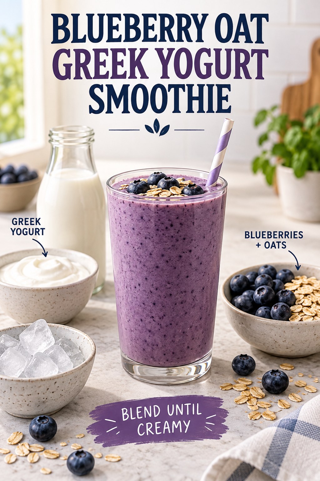 Blueberry oat Greek yogurt smoothie with milk and ice