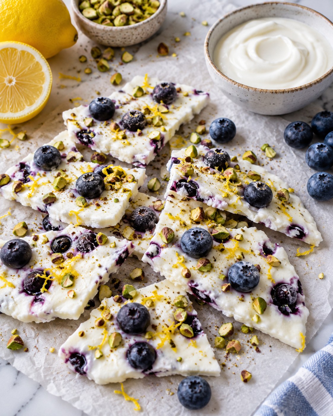 Frozen plain yogurt bark topped with blueberries, chopped pistachios, and lemon zest on parchment