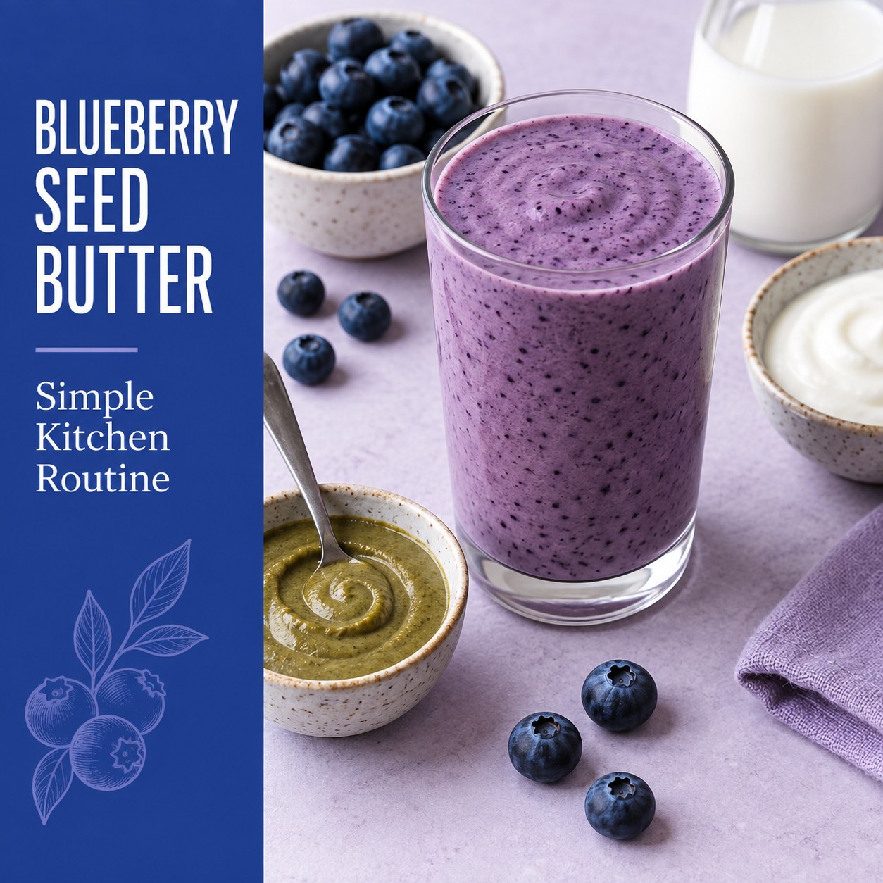 Purple blueberry smoothie beside blueberries and green pumpkin seed butter, with Blueberry Seed Butter and Simple Kitchen Routine text.