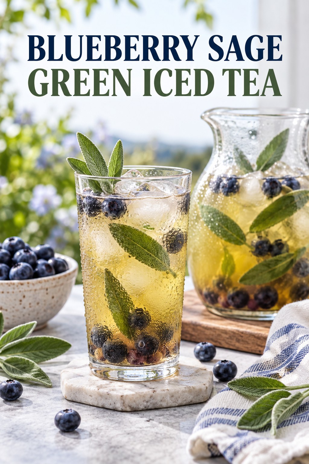 Portrait drink scene with blueberry, fresh sage, ice, and a chilled glass of green iced tea.