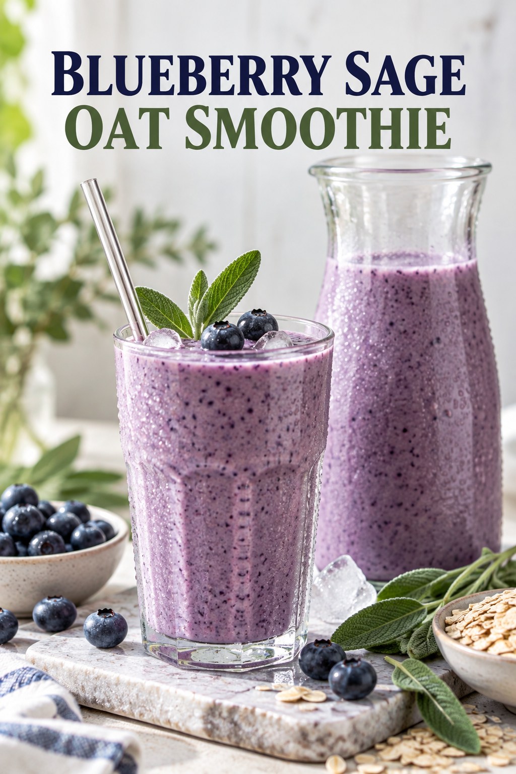 Portrait drink scene with blueberry, fresh sage, ice, and a chilled glass of oat smoothie.