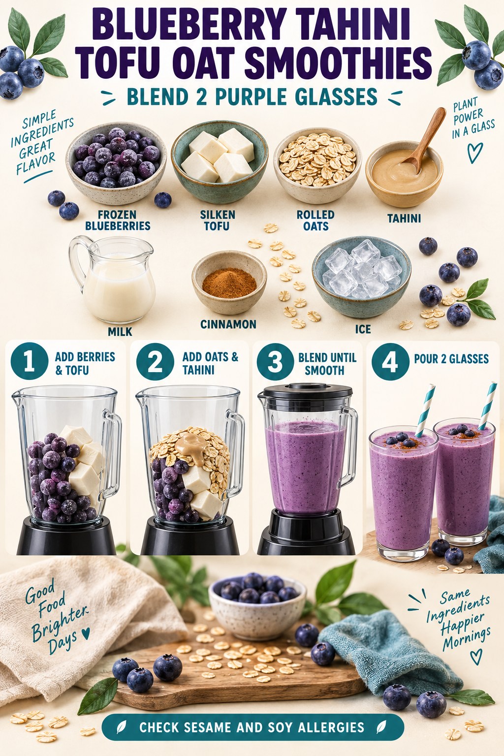 Portrait infographic showing blueberries, silken tofu, oats, tahini, and a creamy smoothie method.