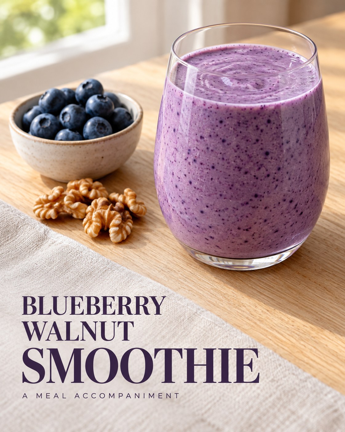 Lavender blueberry walnut smoothie with blueberries and walnuts on a light wood surface, with a clear Blueberry Walnut Smoothie headline.