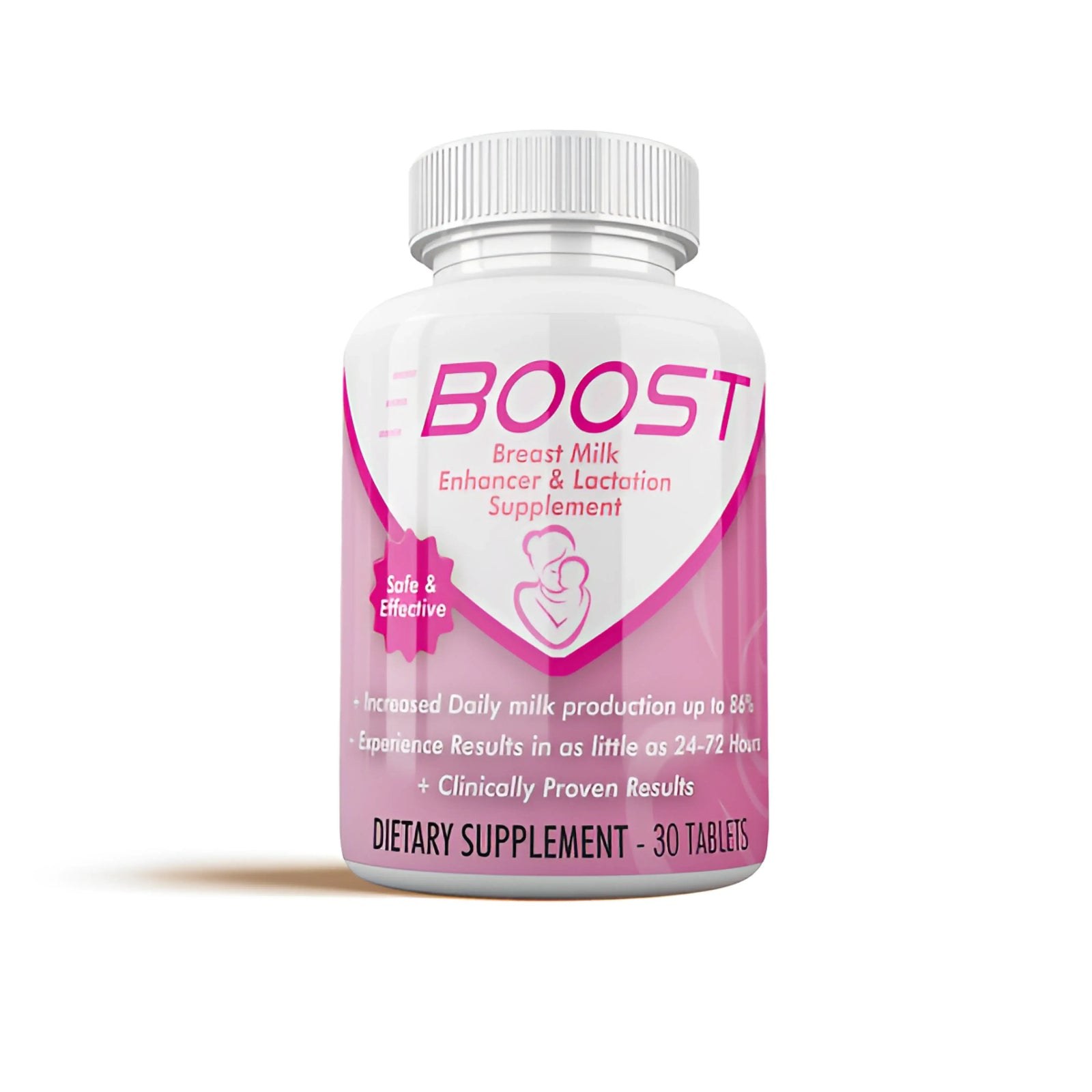 Boost Breast Milk Enhancer and Lactation Supplement bottle with a white cap and pink label showing 30 tablets
