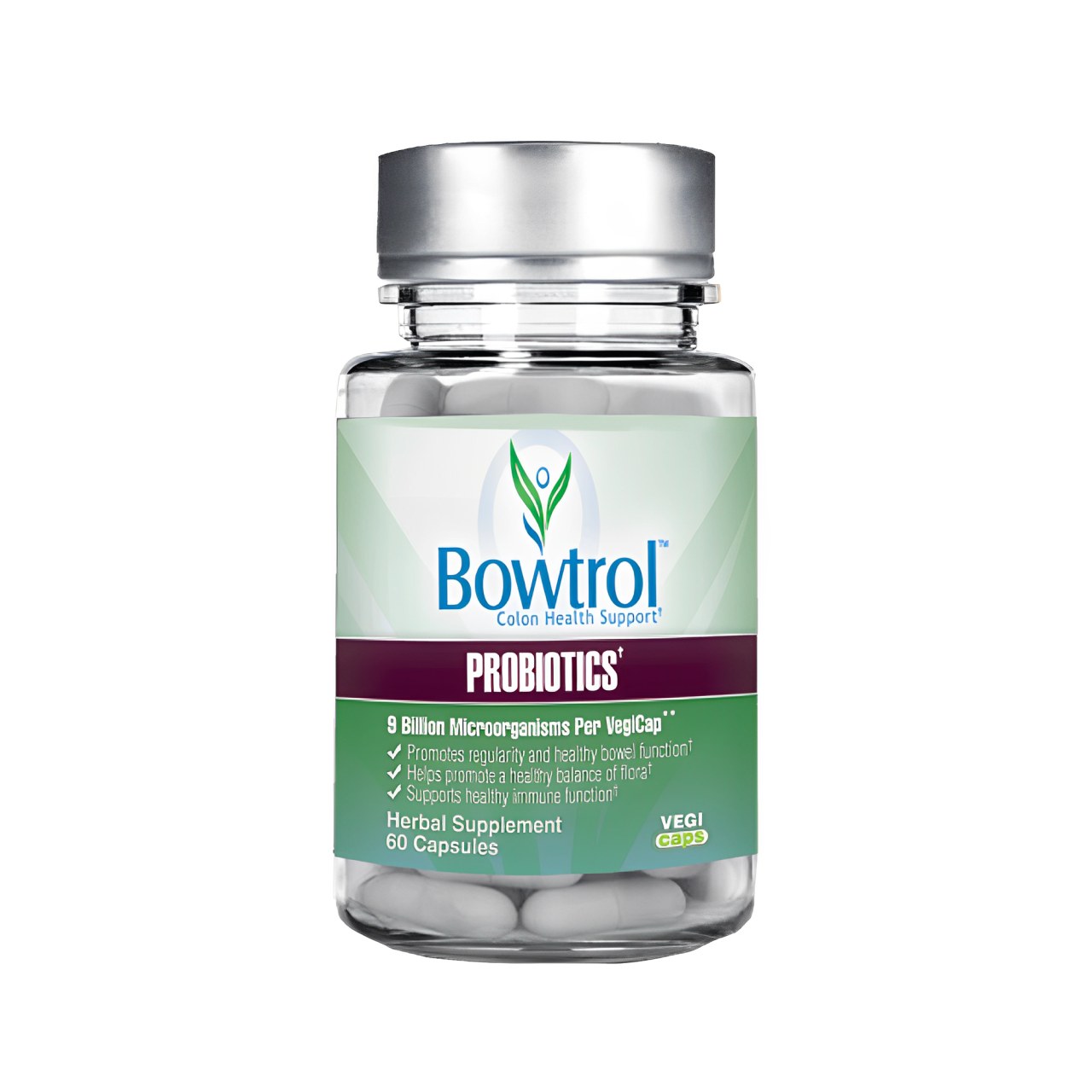Bowtrol Probiotics bottle with a silver cap and green label showing 60 capsules and Vegi Caps wording