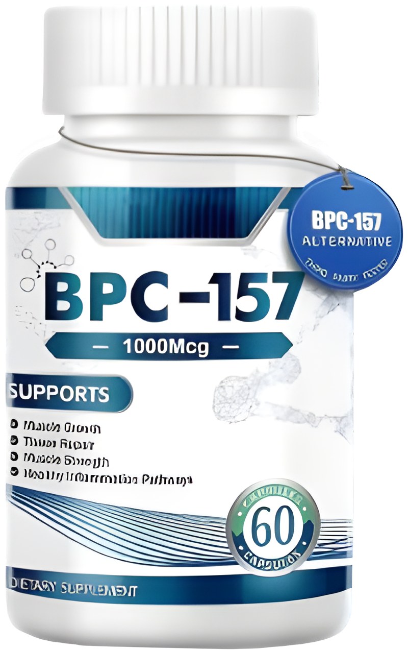 White BPC-157 bottle with a blue 1000 mcg label and BPC-157 alternative tag, pictured by HealthBuy