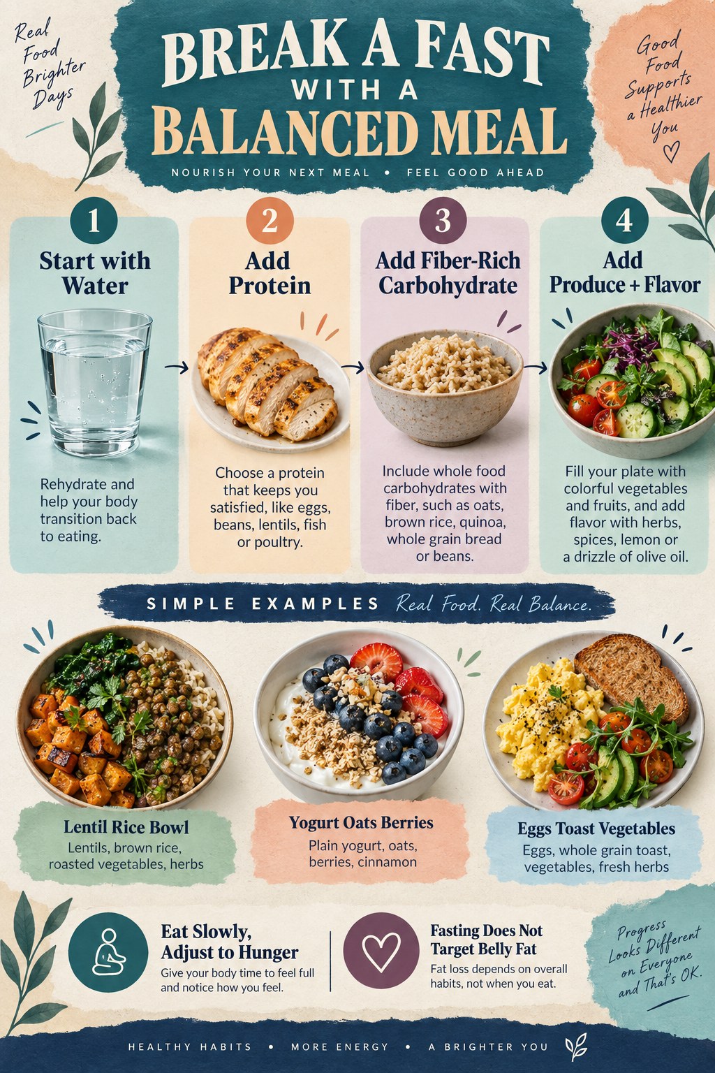 Portrait infographic showing water, protein, fiber-rich carbohydrate, produce, flavor, and balanced meals for breaking a fast.