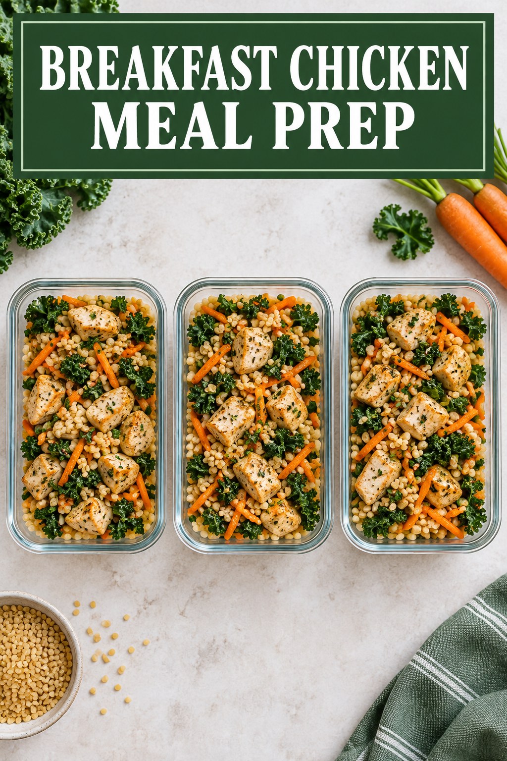 Three containers of breakfast chicken bulgur prep boxes with chicken, bulgur, carrot, and kale.