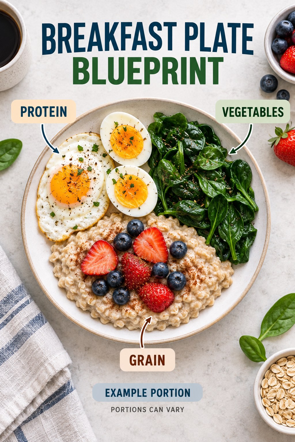 Breakfast Plate Blueprint visual using eggs, oatmeal, spinach, and berries as flexible example portions for Healthy Breakfast Recipes.