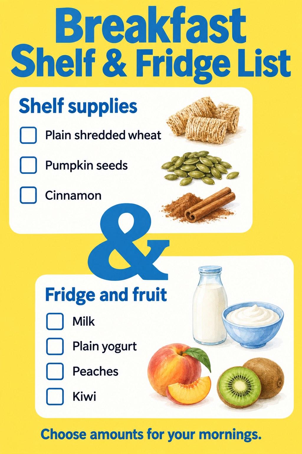 Yellow and blue breakfast checklist split between shredded wheat, seeds and cinnamon and chilled foods with peaches and kiwi.