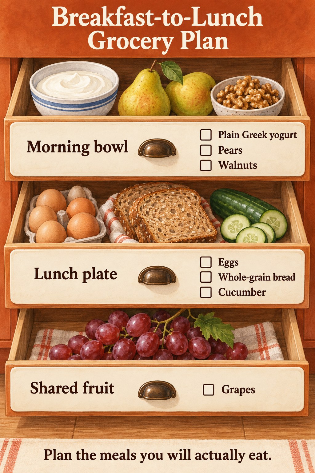 Orange kitchen drawer grocery planner with yogurt, pears, walnuts, eggs, bread, cucumber and grapes.