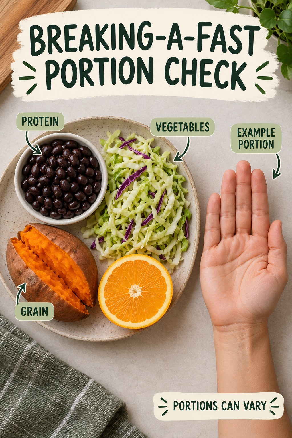 Breaking-a-Fast Portion Check visual using black beans, sweet potato, cabbage, and orange as flexible example portions for Intermittent Fasting.