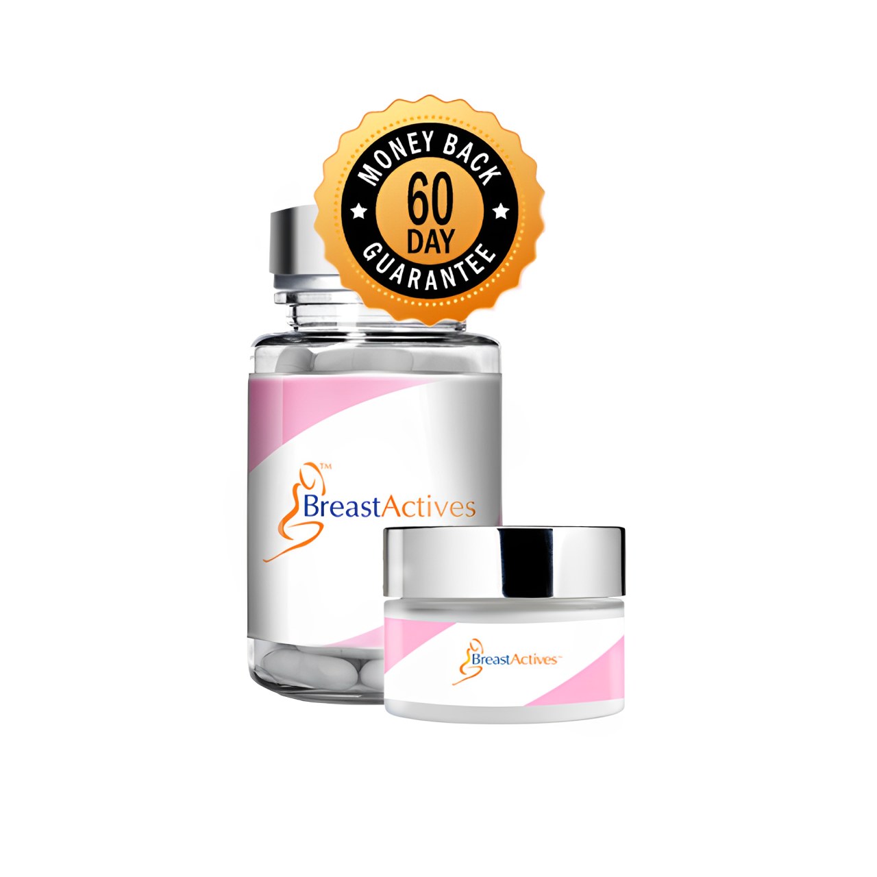 Breast Actives product image showing a tablet bottle and cream jar with pink and white labels