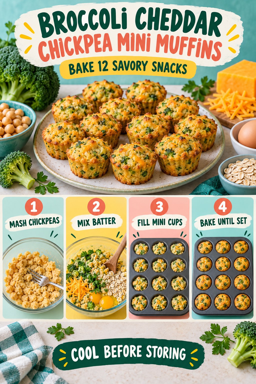 Portrait recipe infographic showing twelve broccoli cheddar chickpea mini muffins with chickpeas, eggs, oats, broccoli, cheese, and herbs.