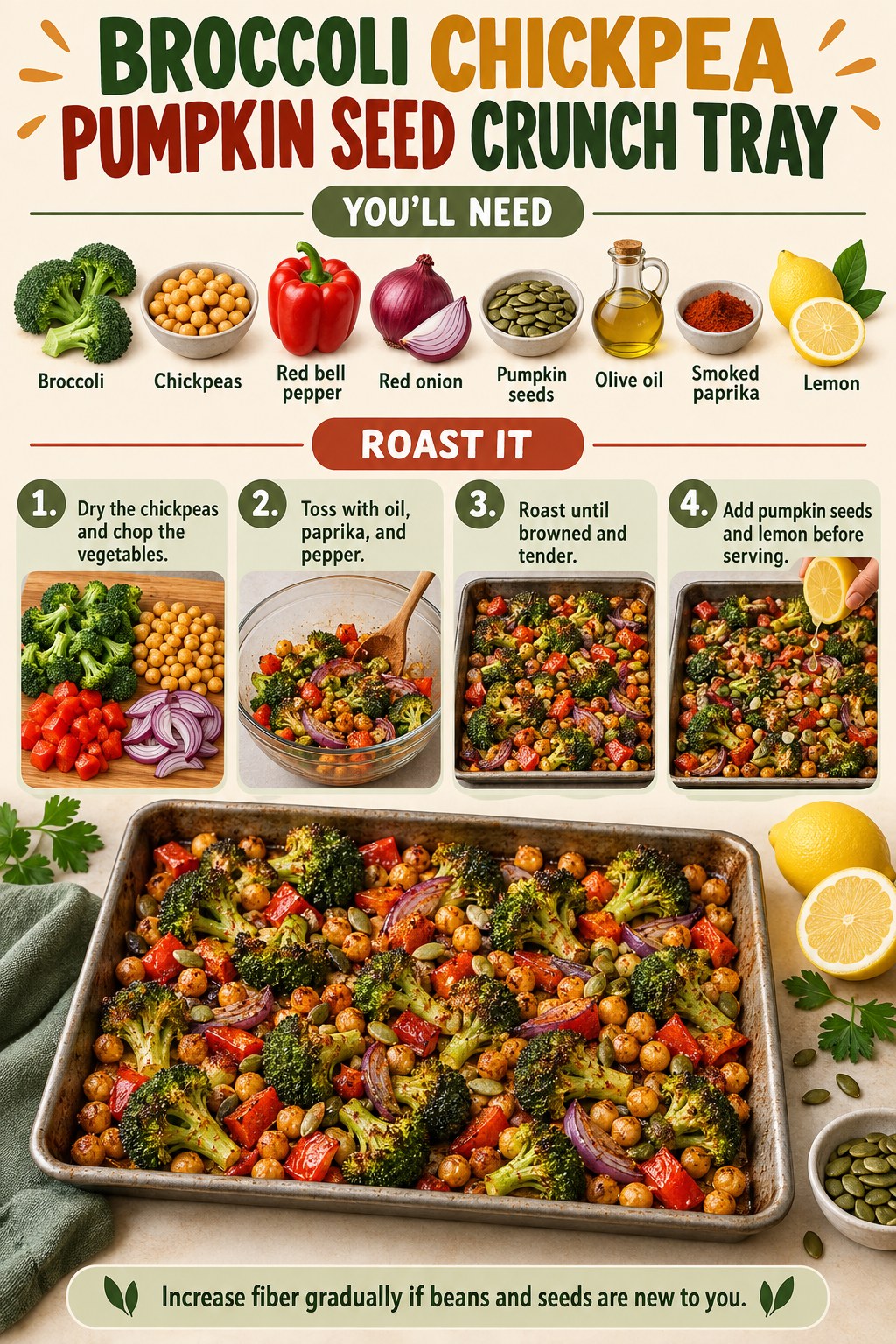 Roasted broccoli chickpea pumpkin seed tray with red pepper, red onion, smoked paprika, and lemon.