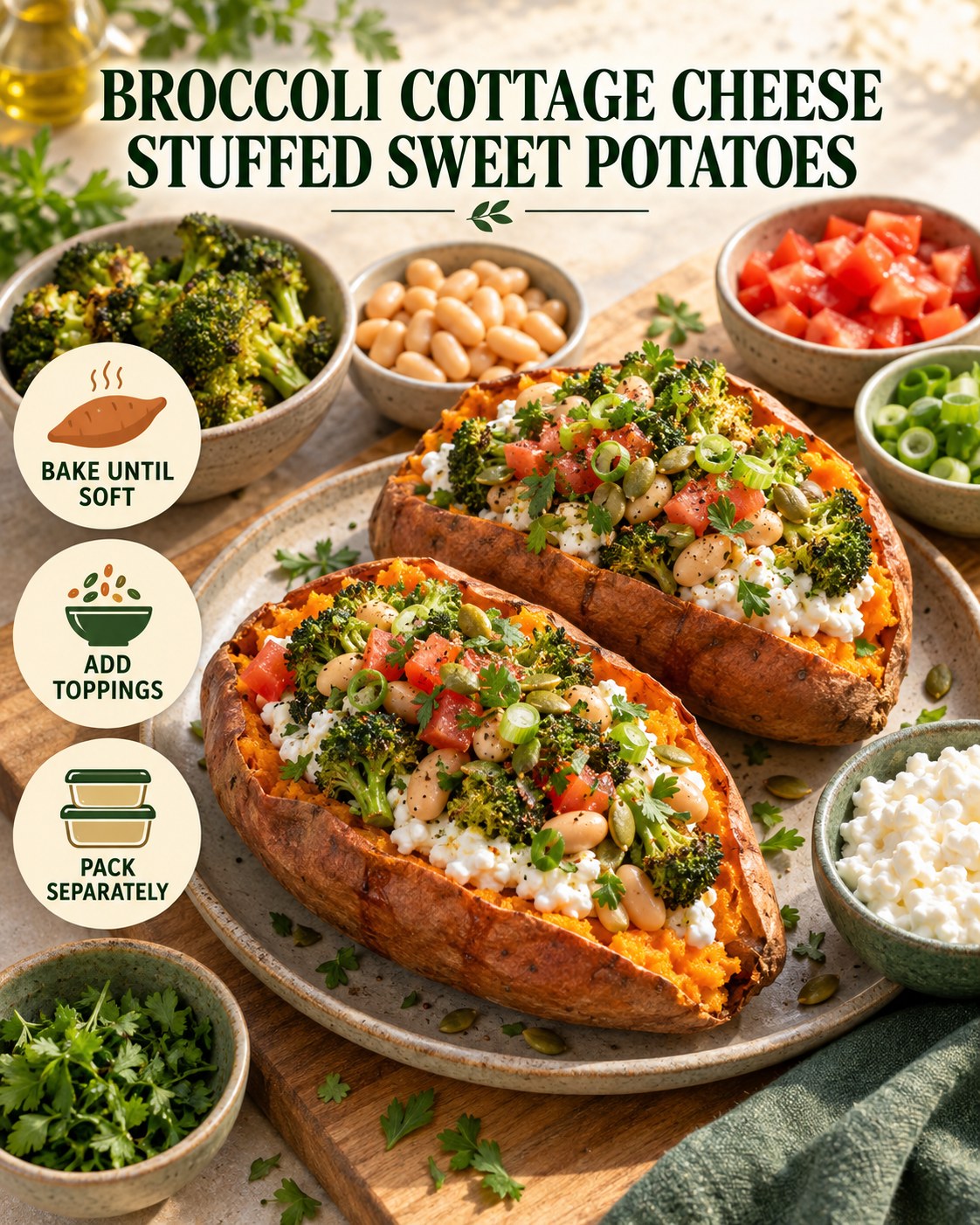 Broccoli cottage cheese stuffed sweet potatoes with white beans, tomatoes, scallions, pumpkin seeds, and packing tips.
