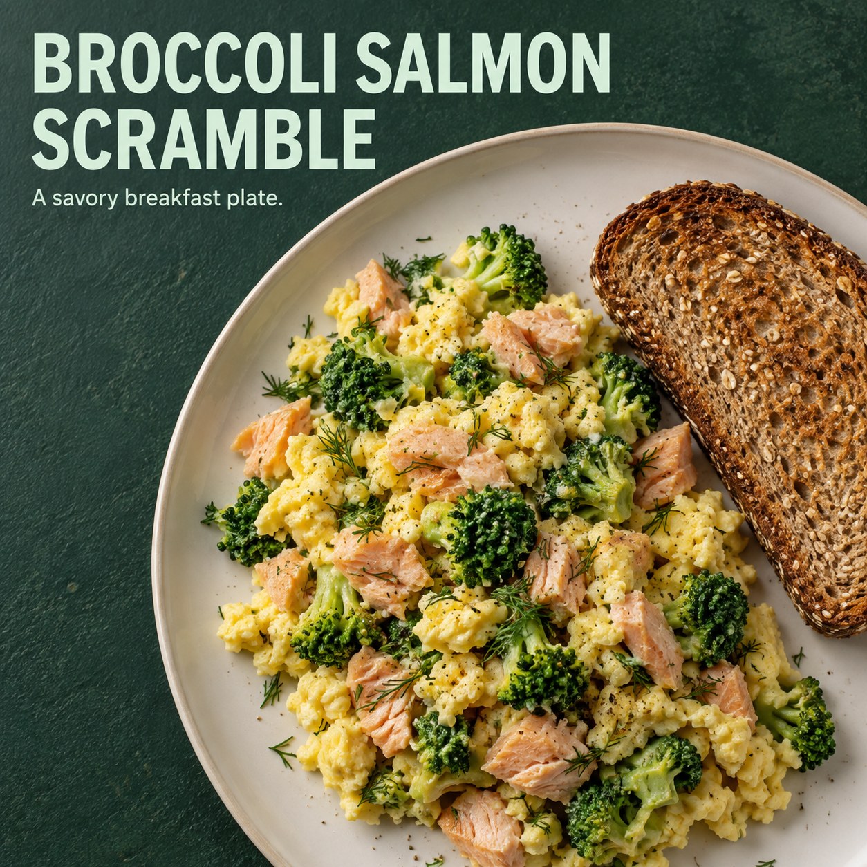 Cooked eggs scrambled with broccoli and salmon flakes on a plate with whole grain toast and the words Broccoli Salmon Scramble.
