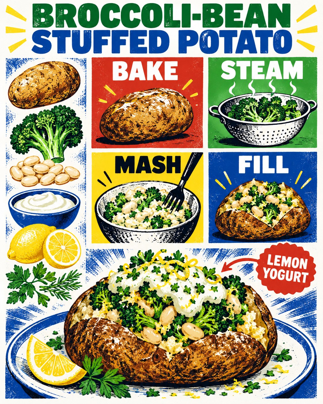 Blue, green, yellow, red, white, and black screenprint infographic for a broccoli-bean stuffed baked potato.
