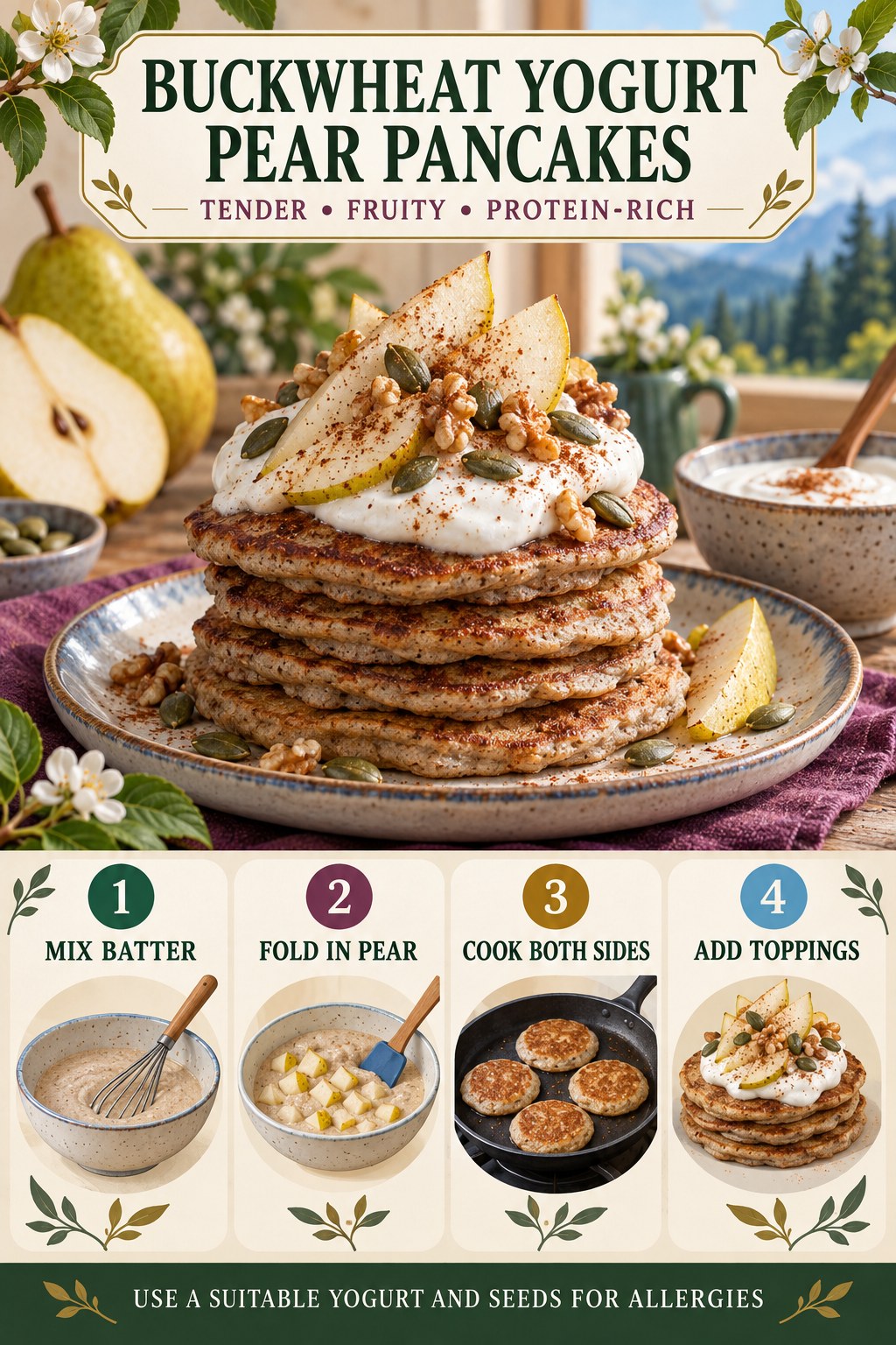 Portrait recipe infographic showing buckwheat pancakes topped with yogurt, pear, seeds, walnuts, and cinnamon with four cooking steps.