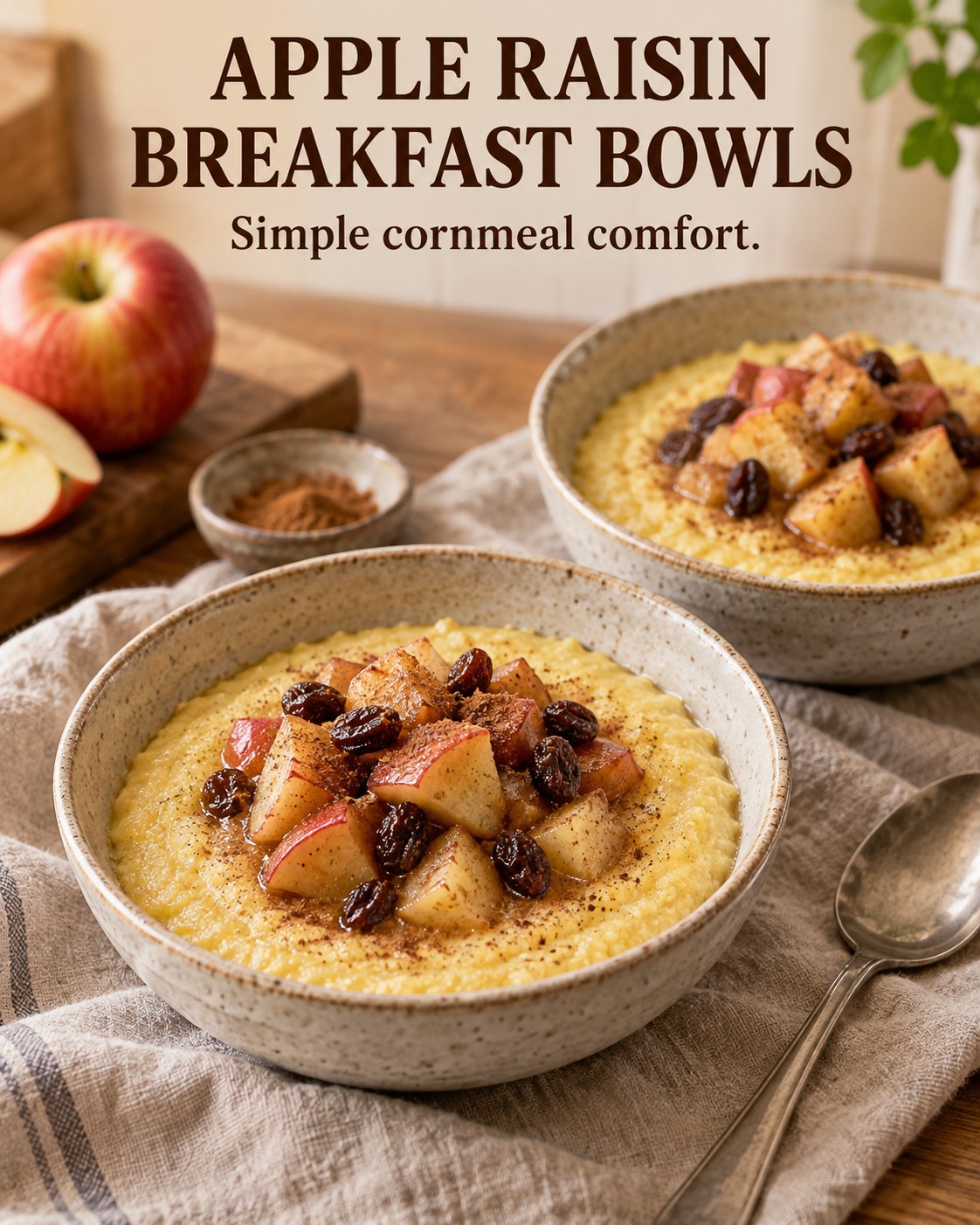 Two bowls of creamy cornmeal topped with diced apple and raisins beside the words Apple Raisin Breakfast Bowls.