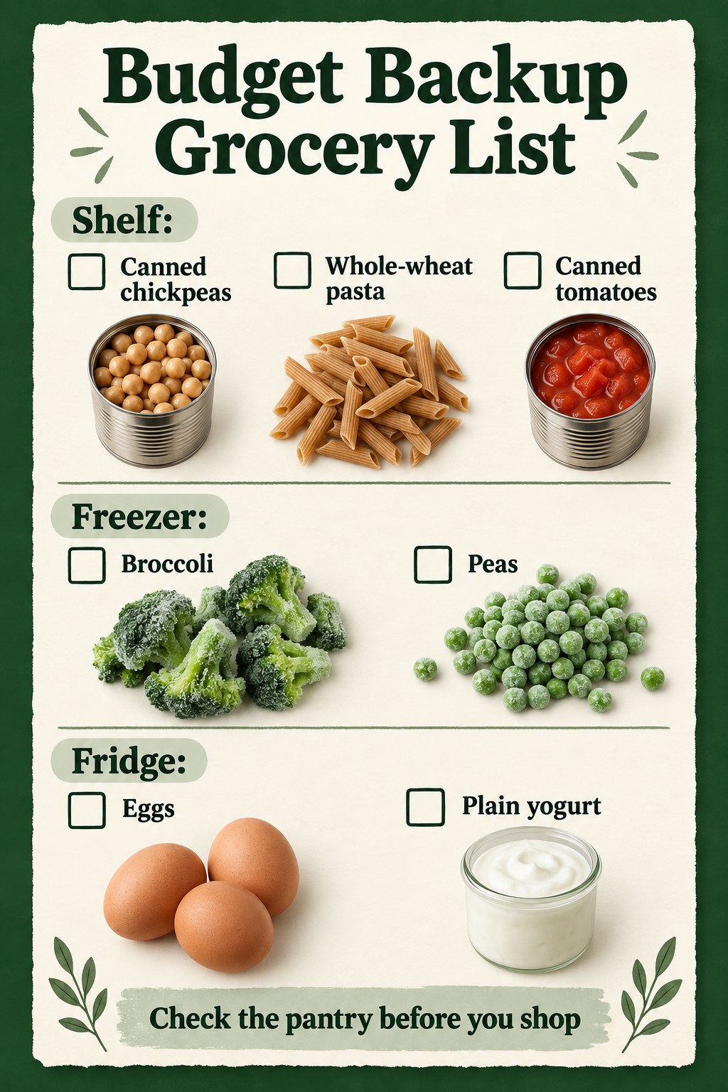 Budget grocery checklist showing chickpeas, whole-wheat pasta, tomatoes, broccoli, peas, eggs, and yogurt by storage area.