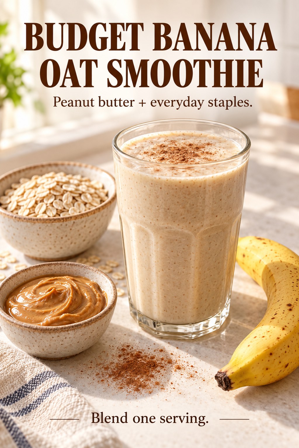 Creamy banana oat smoothie in a glass beside banana, oats, peanut butter, and cinnamon, with a budget smoothie headline.