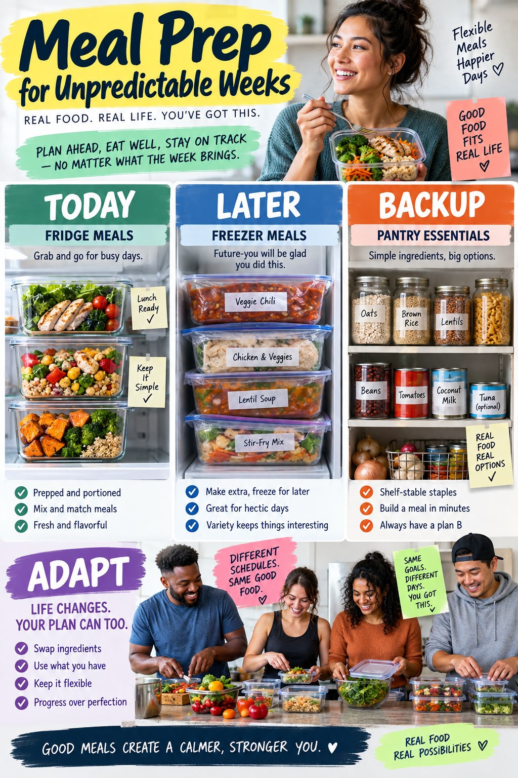 Portrait infographic showing a budget week built from beans, lentils, rice, oats, frozen vegetables, varied seasonings, and labeled freezer leftovers.