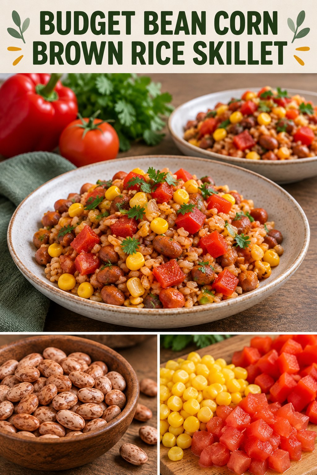 Two servings of budget bean corn brown rice skillet made with pinto beans, brown rice, and vegetables.