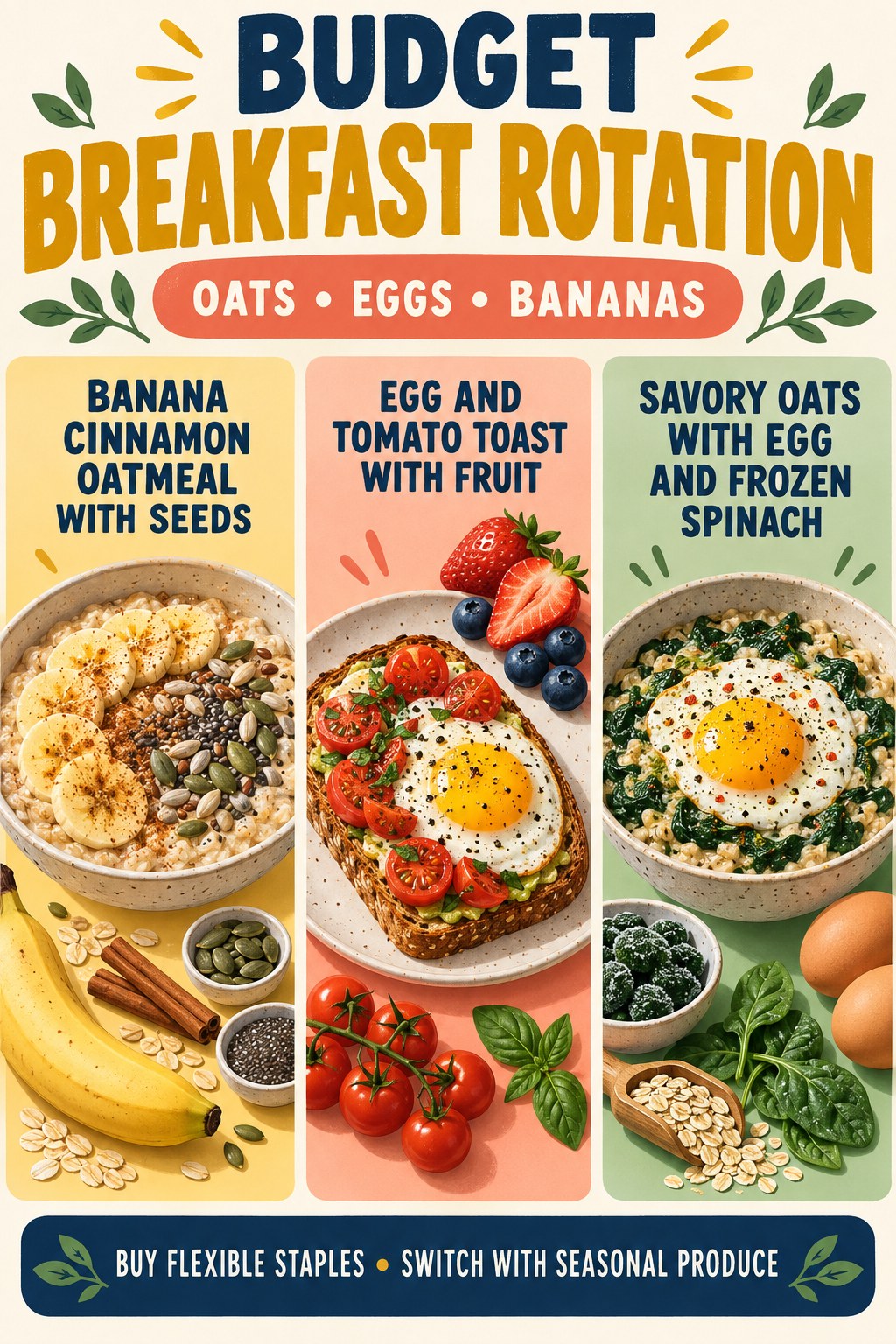 Portrait infographic showing three budget breakfasts made with oats, eggs, bananas, tomatoes, fruit, and frozen spinach.