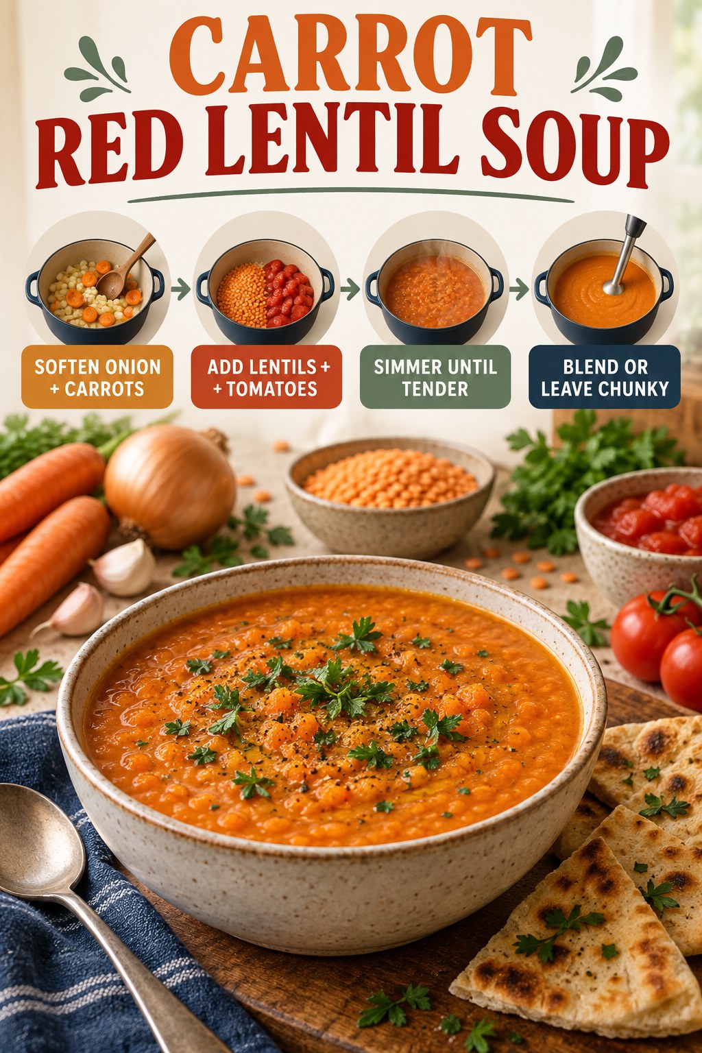 Carrot red lentil soup infographic showing onion and carrots, lentils and tomatoes, simmering, blending, and a finished bowl.