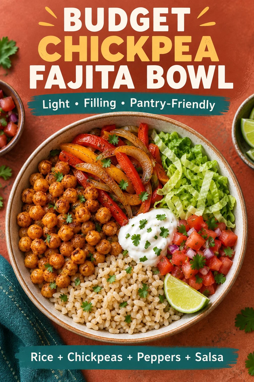 Chickpea fajita bowl with brown rice, peppers, lettuce, tomato salsa, lime, and yogurt