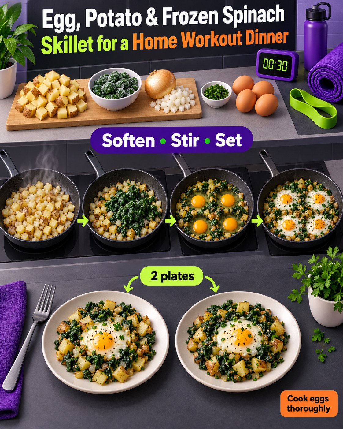 Purple isometric infographic showing potato, frozen spinach, onion, four eggs, skillet steps, and two dinner plates.