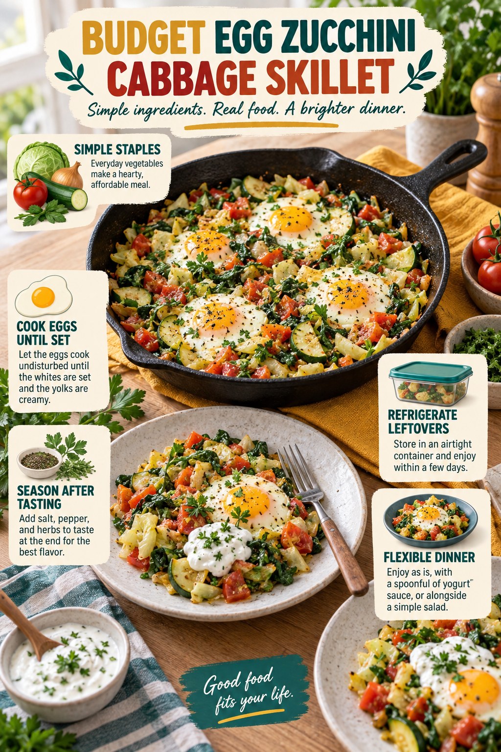 Egg skillet with cabbage, zucchini, tomatoes, onion, spinach, herbs, and a spoonful of yogurt sauce.