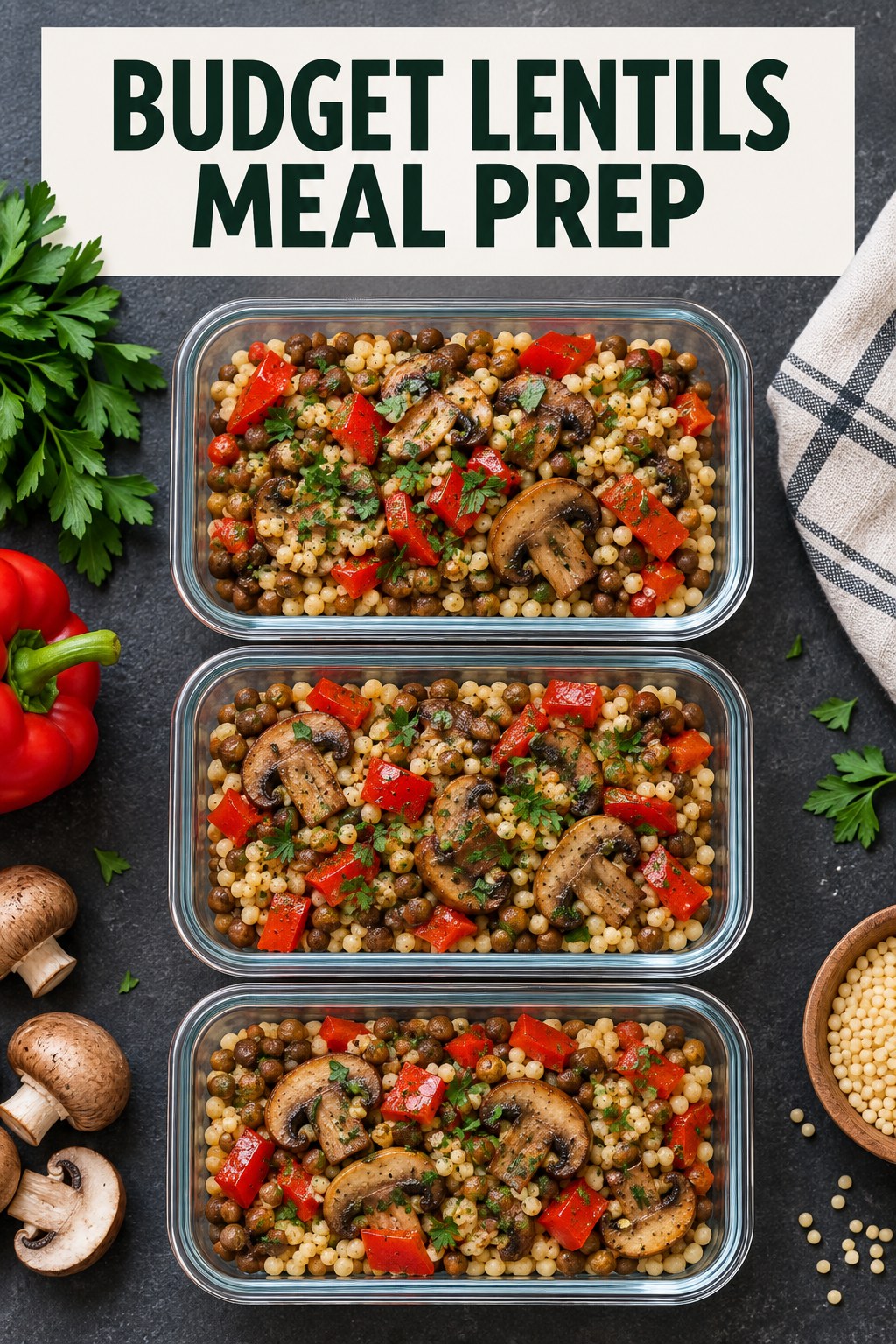 Three containers of budget lentils couscous prep boxes with lentils, couscous, bell pepper, and mushrooms.
