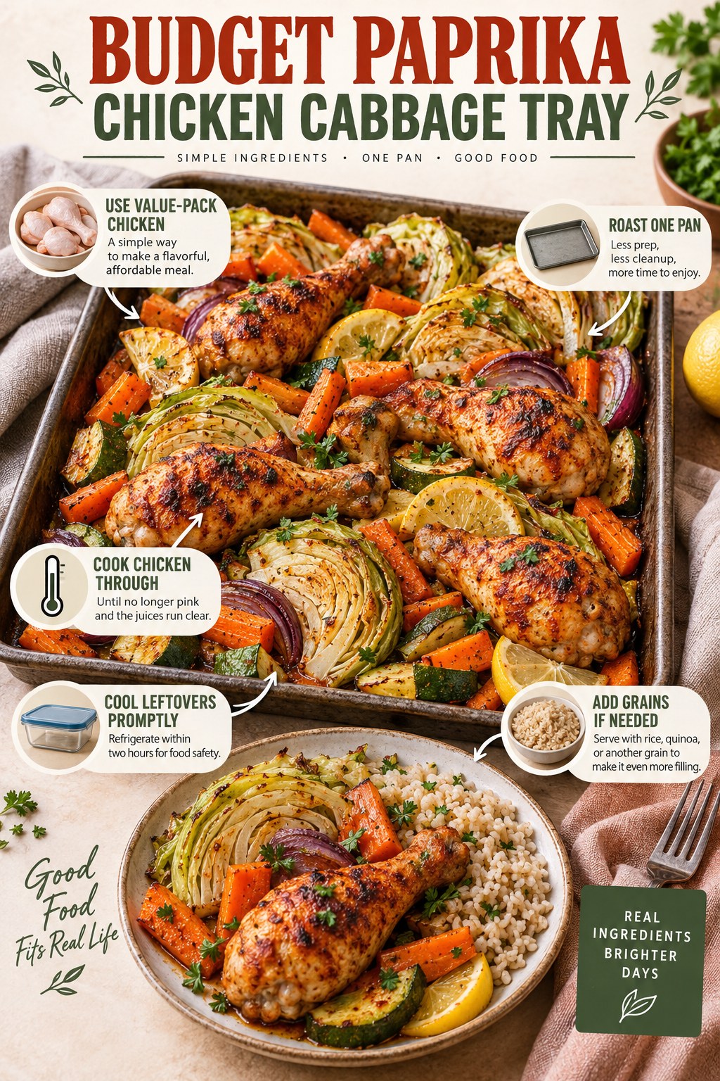 Paprika chicken drumsticks with cabbage, carrots, zucchini, onion, lemon, parsley, and an optional grain side.