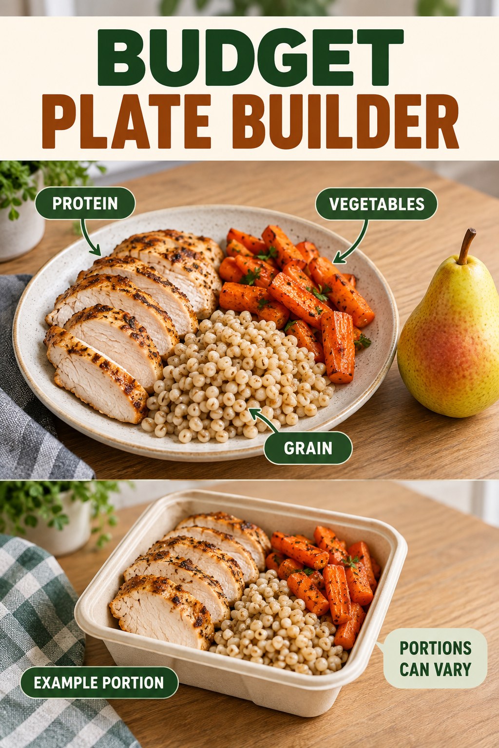 Budget Plate Builder visual using turkey, barley, roasted carrots, and pear as flexible example portions for Budget Healthy Meals.